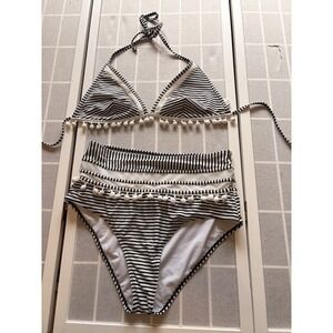 Halter Top High Waisted Bikini Tummy Control Plus Size 0XL Retro Boho Fringe‎